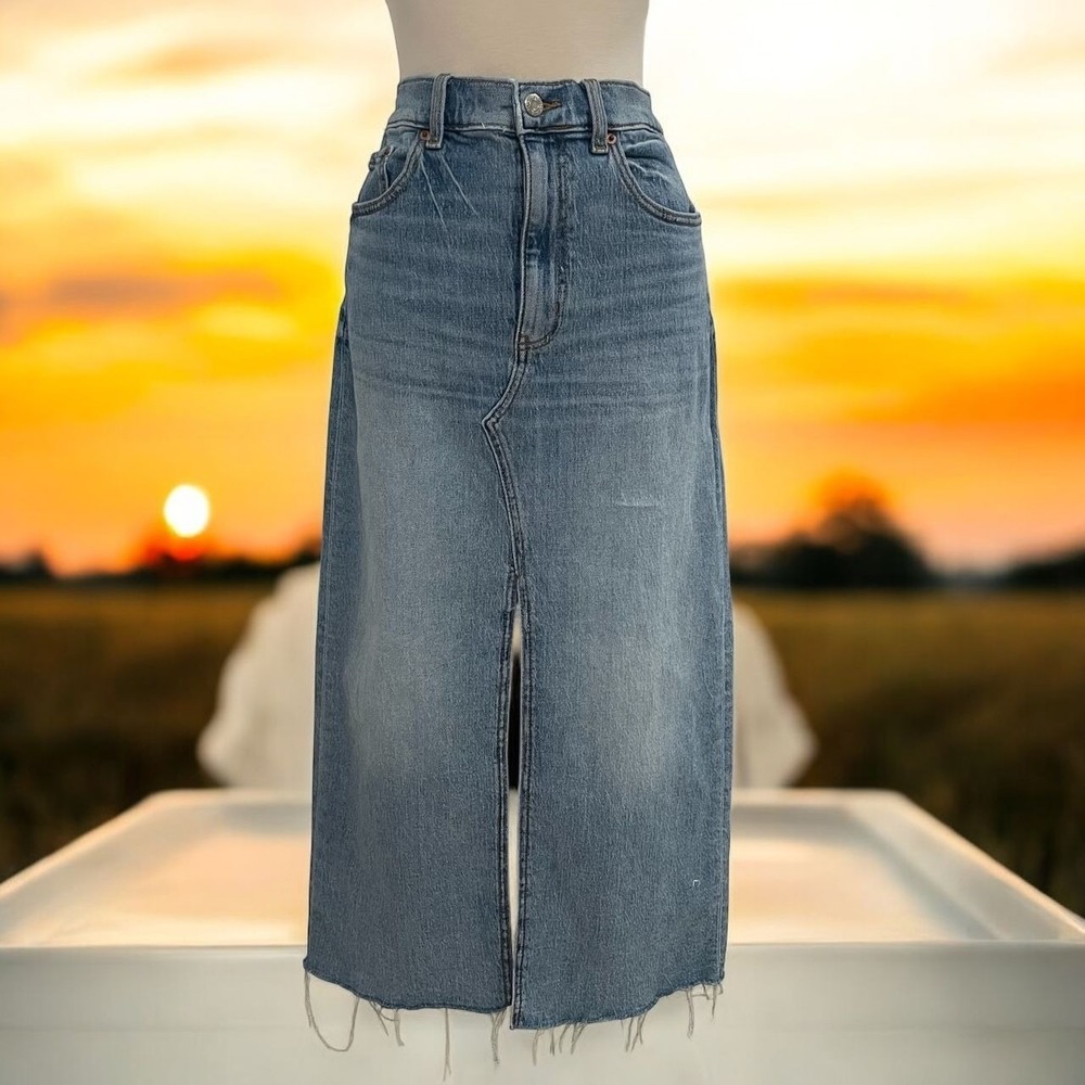 Denim Midi Skirt Front Slit Raw Hem Organic Cotton Distressed Retro Festival